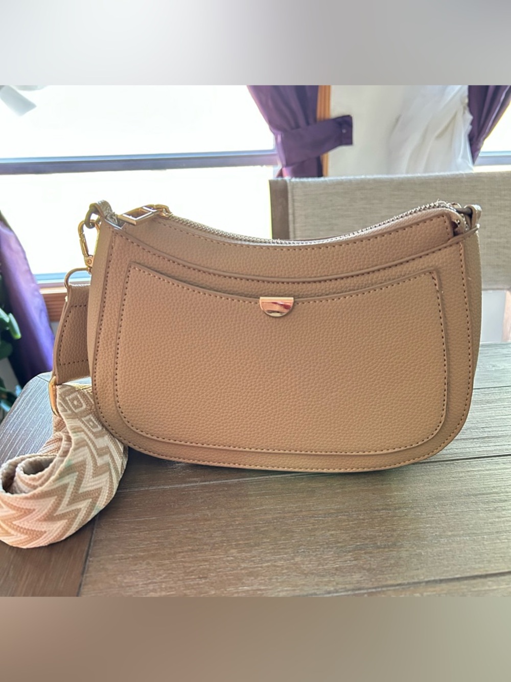 Women’s Tan Leather Crossbody Bag with Gold Hardware